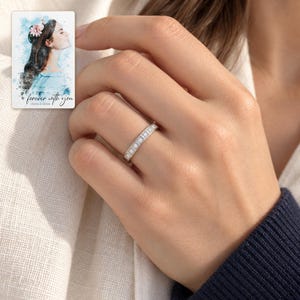 Moissanite Band Ring, worn by an adult. A sample personalized digital greeting card is shown alongside.