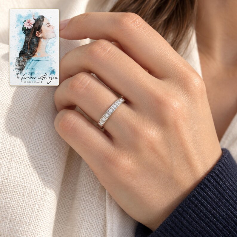 Moissanite Band Ring, worn by an adult. A sample personalized digital greeting card is shown alongside.