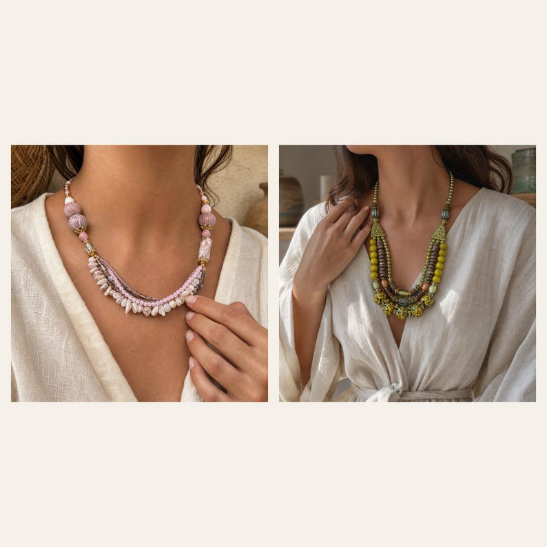 May include: A multi-strand necklace featuring light pink and white beads, including textured spherical beads and small irregular shell-like pieces. Beside it, a multi-strand necklace with olive green, brown, and gold-toned beads in various shapes.
