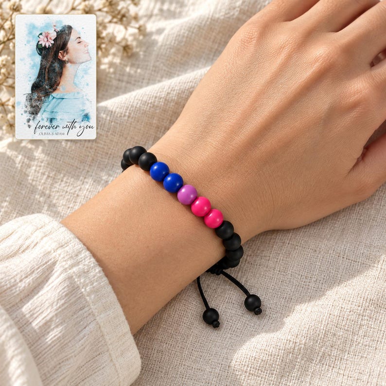 Black Bead Bracelet, worn lifestyle view. A personalized digital greeting card is shown alongside.