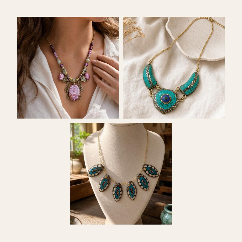 May include: Three necklaces are displayed. The first features purple beads and a central oval pendant. The second is a gold-tone chain with turquoise-colored stones. The third is a gold-tone chain with five oval pendants containing blue and white patterns.