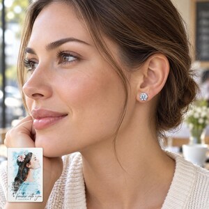 Moissanite Stud Earrings, worn with daytime clothing. A sample personalized digital greeting card is shown alongside.