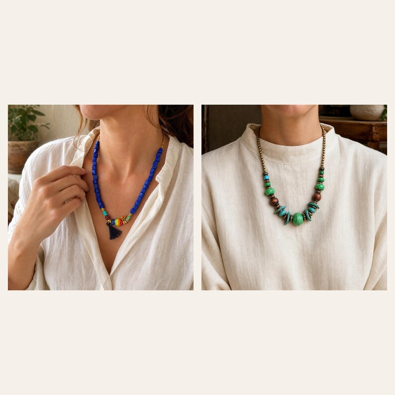 Puede incluir: Un collar con cuentas cuadradas de color azul brillante, una peque&ntilde;a cuenta multicolor y una borla azul oscuro. Un segundo collar presenta cuentas verdes y turquesas en forma de disco, cuentas esf&eacute;ricas marrones y peque&ntilde;os espaciadores dorados.