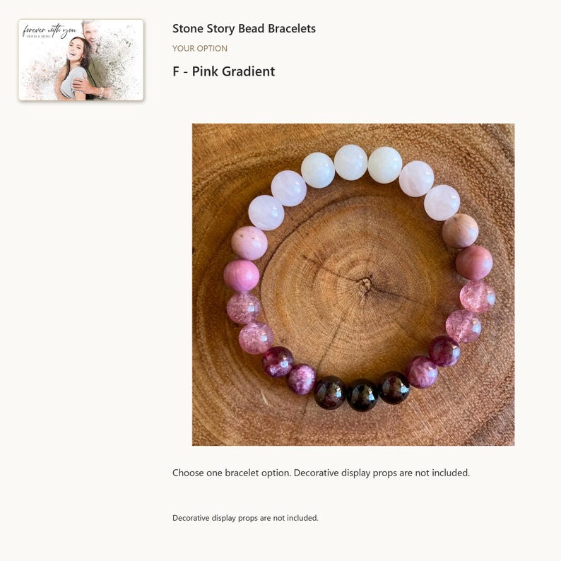 Multicolor round bead bracelet: F - Pink Gradient. One selected bracelet; decorative display props are not included. Optional digital greeting card shown.