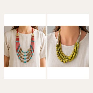 Red Multi Strand Necklace, Turquoise Color Beads and Gold Tone Leaf Details 2 piece set