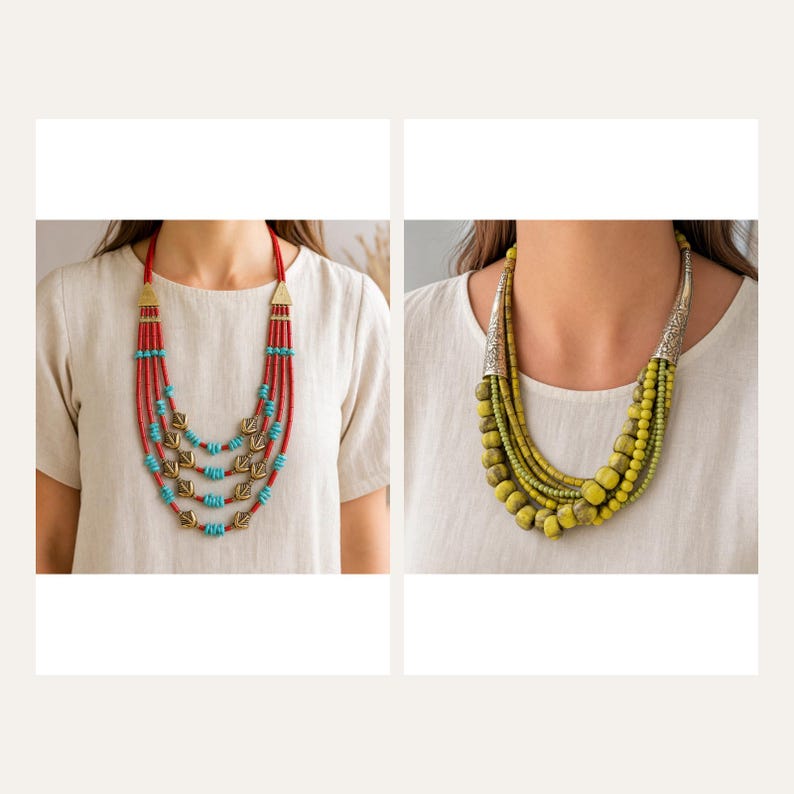Red Multi Strand Necklace, Turquoise Color Beads and Gold Tone Leaf Details 2 piece set