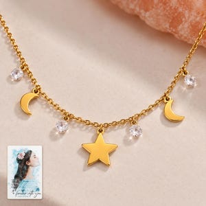 Moon and Star Necklace, close-up of the details. A sample personalized digital greeting card is shown alongside.