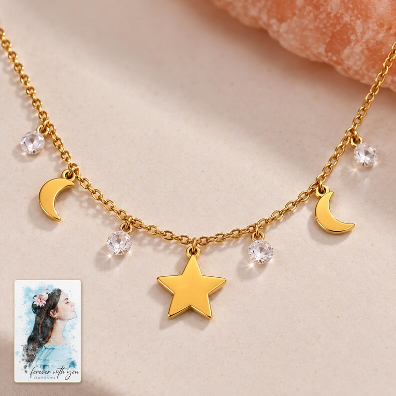 Moon and Star Necklace, close-up of the details. A sample personalized digital greeting card is shown alongside.