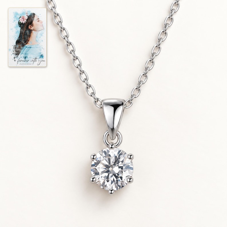 Moissanite Pendant Necklace, shown against a light background. A sample personalized digital greeting card is shown alongside.