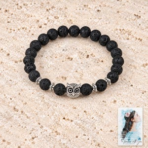 Black Lava Bead Bracelet, shown on a display surface. A sample personalized digital greeting card is shown alongside.