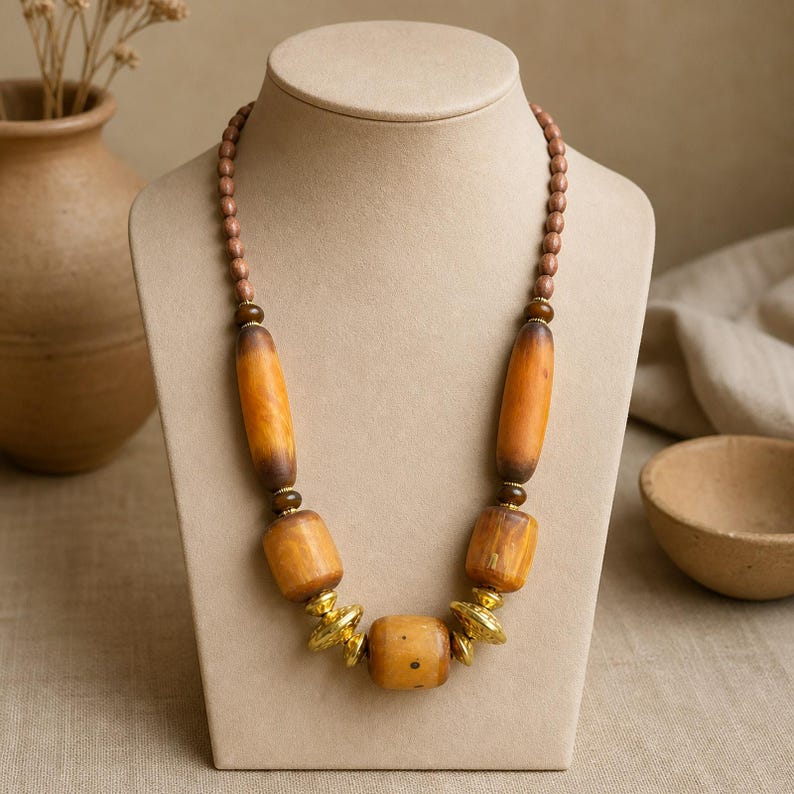 Rose Gold and Beige Statement Beaded Necklace shown individually as a coordinating option for the mix and match necklace set