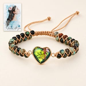 Verdant Heart Woven Bracelet shown in a close macro view highlighting the visible texture, texture and construction details. A personalized digital greeting card is shown alongside.