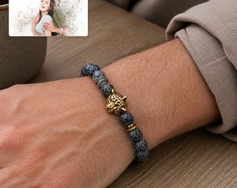 Gray Agate Bead Bracelet, Gold Tone Leopard Head, One to Four Pieces