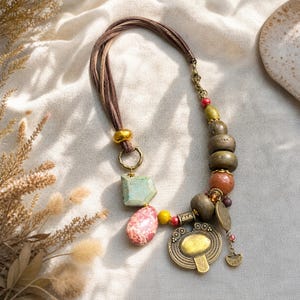 Gift ready presentation of Gray and Beige Statement Beaded Necklace, Boho Handmade Jewelry, Artisan Gift for Her in an open jewelry box lined with natural ivory linen