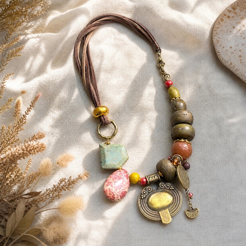 Gift ready presentation of Gray and Beige Statement Beaded Necklace, Boho Handmade Jewelry, Artisan Gift for Her in an open jewelry box lined with natural ivory linen