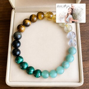Aqua, yellow, black and green round bead bracelet, design B, shown with an optional personalized digital greeting card.