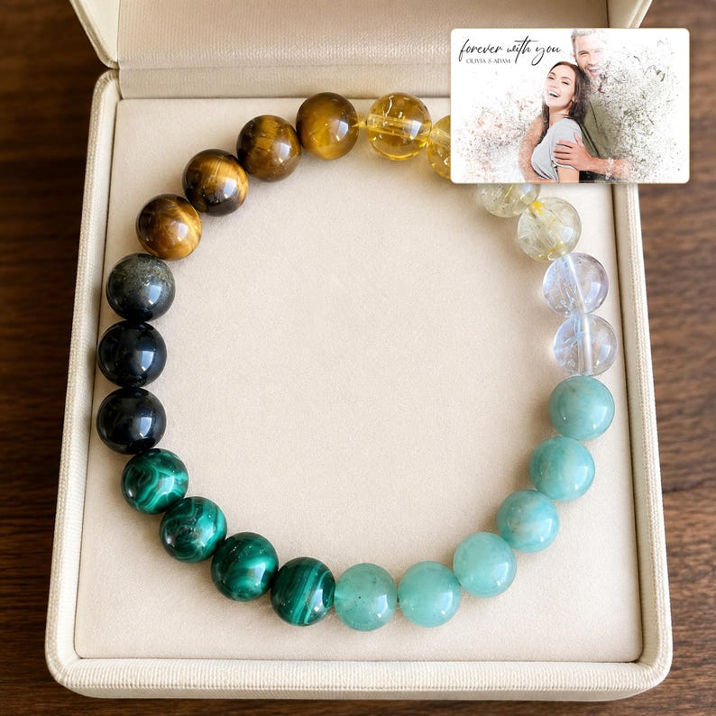 Aqua, yellow, black and green round bead bracelet, design B, shown with an optional personalized digital greeting card.