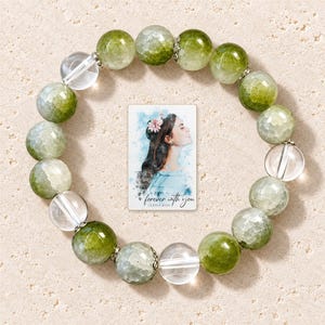 Forest Dew Bead Bracelet shown in a close macro view highlighting the visible texture, texture and construction details. A personalized digital greeting card is shown alongside.