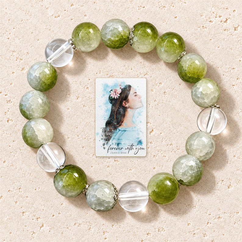 Forest Dew Bead Bracelet shown in a close macro view highlighting the visible texture, texture and construction details. A personalized digital greeting card is shown alongside.
