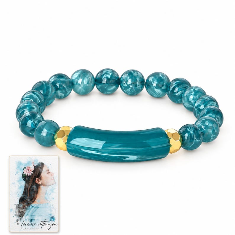 Peacock Tide Bar Bracelet shown on a clean white catalog background for an unobstructed product view. A personalized digital greeting card is shown alongside.