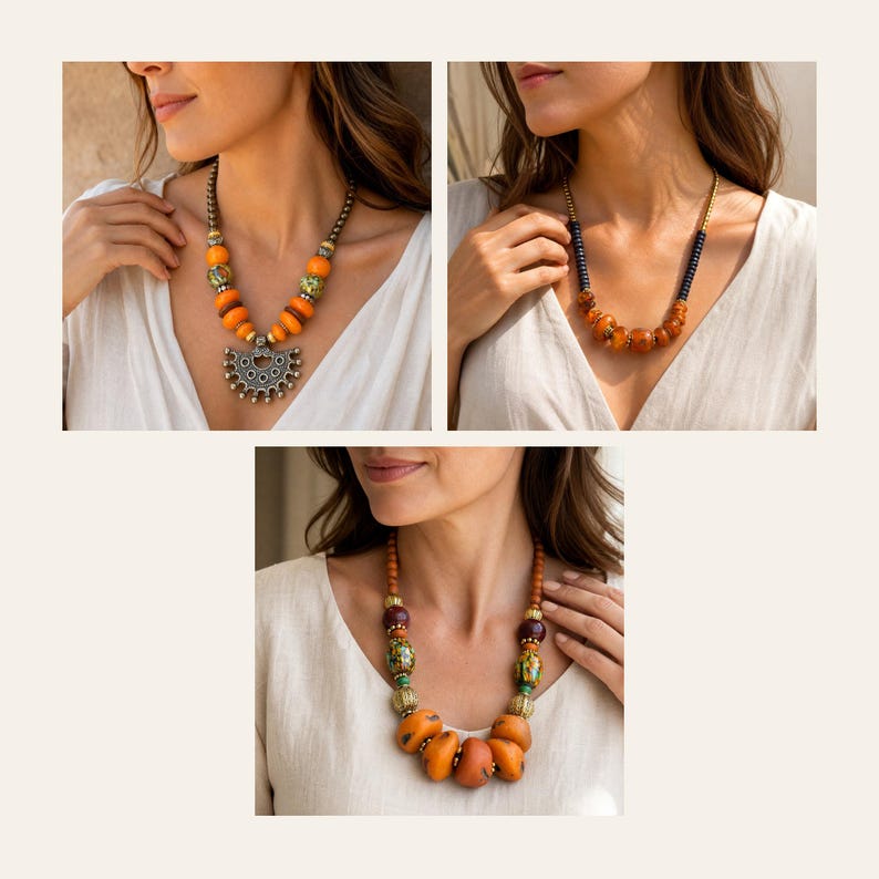 Pode incluir: Tr&ecirc;s colares com contas laranja, castanhas e estampadas. O primeiro tem um grande pendente semicircular prateado. O segundo apresenta contas escuras e pedras cor de &acirc;mbar. O terceiro mostra uma mistura de contas castanhas, verdes e laranja.