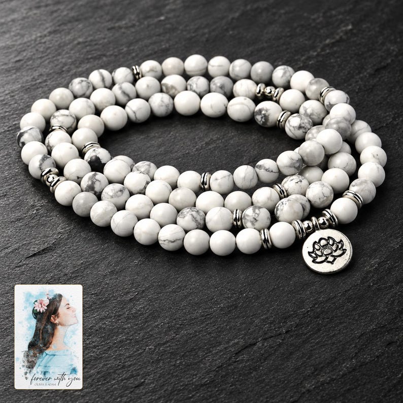 White Bead Wrap Bracelet, shown against a dark background. A sample personalized digital greeting card is shown alongside.