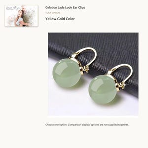 Gold Tone. Artificial Hetian Jade Clip-On Earrings. A personalized digital greeting card is shown. Select the pictured option when ordering.