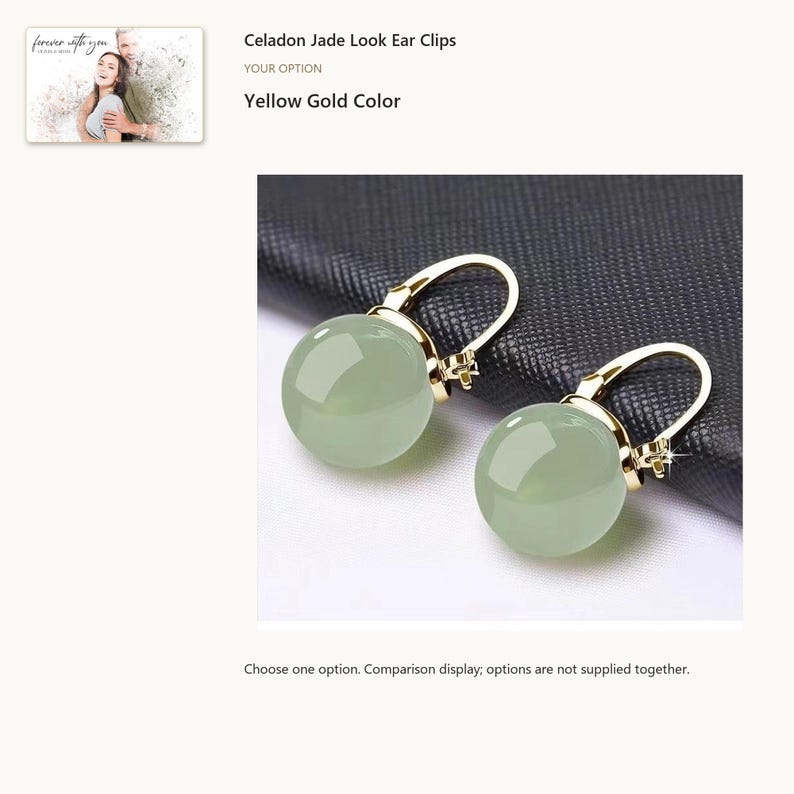 Gold Tone. Artificial Hetian Jade Clip-On Earrings. A personalized digital greeting card is shown. Select the pictured option when ordering.