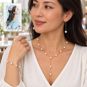 pearl style Occasion Jewelry Set worn by an adult in a natural daytime lifestyle scene. A personalized digital greeting card is shown alongside.