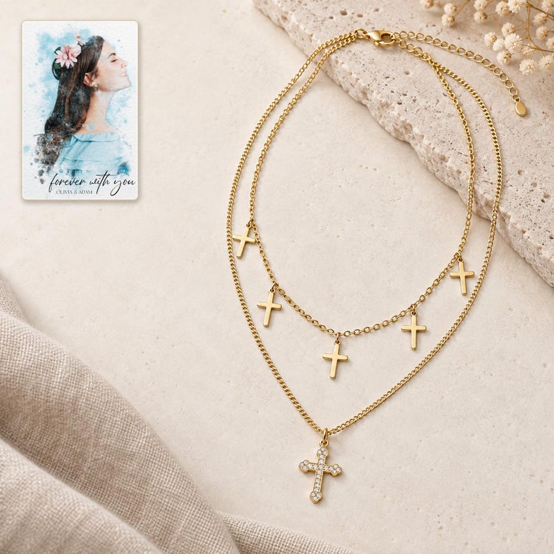 Golden Faith Layered Cross Necklace shown on a clean white catalog background for an unobstructed product view. A personalized digital greeting card is shown alongside.