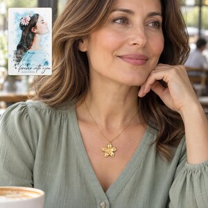 Gold Tone Flower Necklace, worn with daytime clothing. A sample personalized digital greeting card is shown alongside.