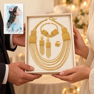Golden Tassel Jewelry Suite shown during a warm gift-receiving moment between adults with the jewelry visible. A personalized digital greeting card is shown alongside.