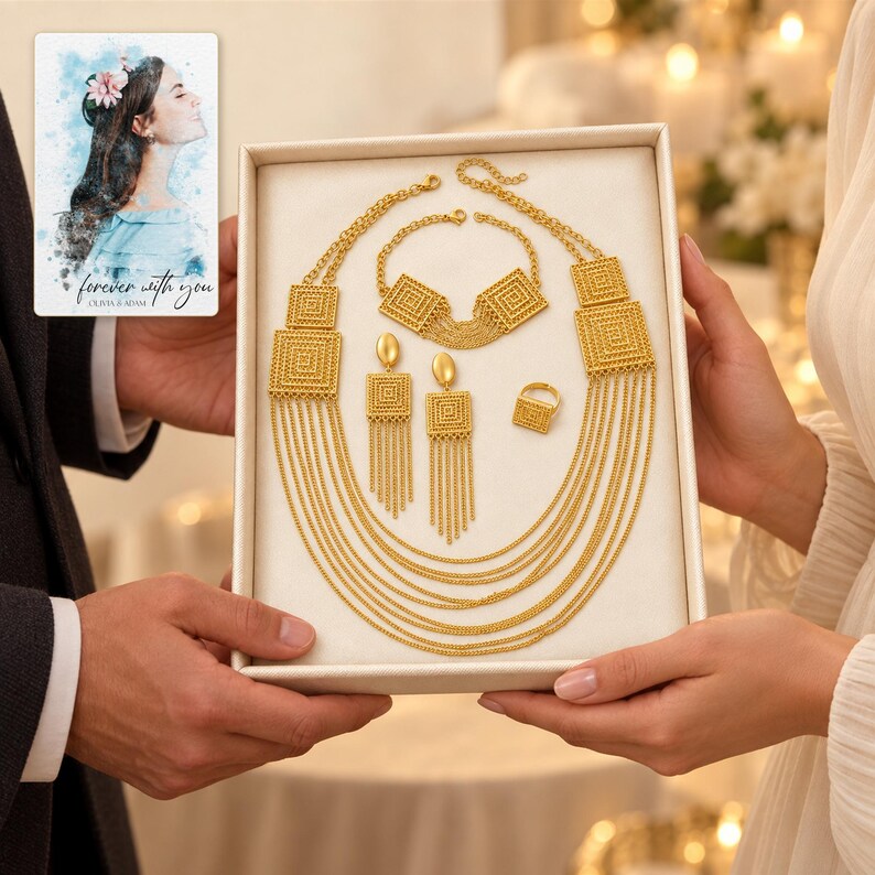Golden Tassel Jewelry Suite shown during a warm gift-receiving moment between adults with the jewelry visible. A personalized digital greeting card is shown alongside.