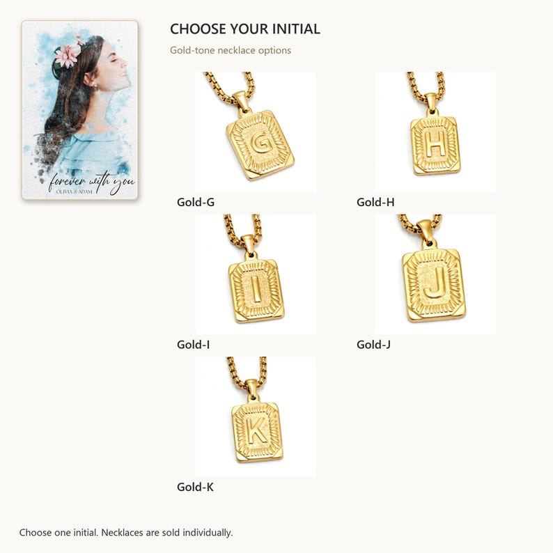 Available options. Initial Letter Necklace. A personalized digital greeting card is shown. Select the pictured option when ordering.