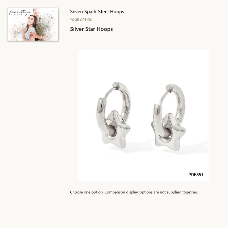 Silver tone star. Charm Hoop Earrings. A personalized digital greeting card is shown. Select the pictured option when ordering.