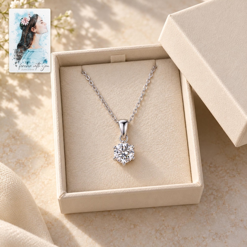 Moissanite Pendant Necklace, displayed in a presentation box. A sample personalized digital greeting card is shown alongside.