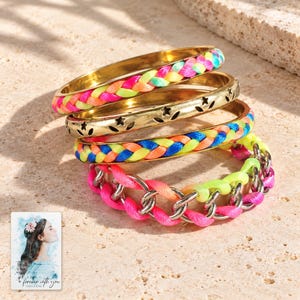 Colorful Woven Bracelet Set, shown in natural light. A sample personalized digital greeting card is shown alongside.