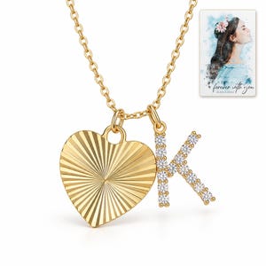 K Initial Heart Necklace, catalog view. A personalized digital greeting card is shown alongside.