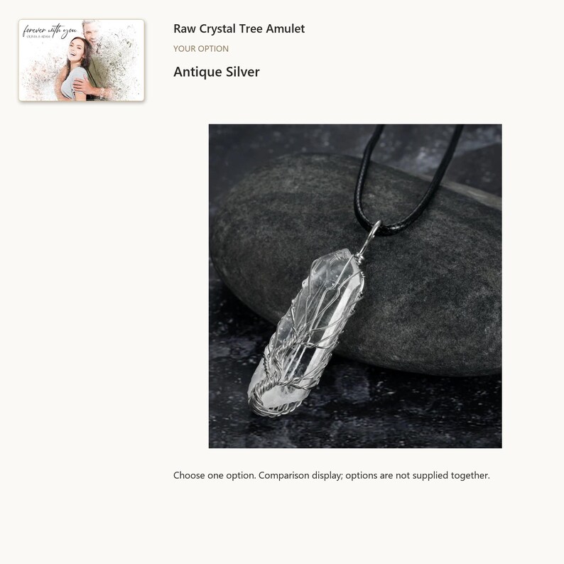 Antique silver tone. Tree Wire Pendant Necklace. A personalized digital greeting card is shown. Select the pictured option when ordering.