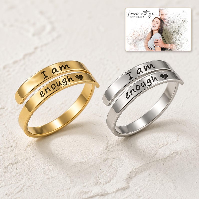 Brave Word Open Band Ring photographed in warm natural window light in an elegant home setting.