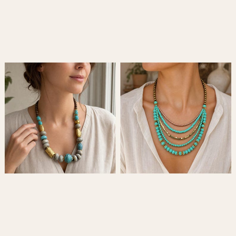May include: A multi-strand necklace featuring turquoise and grey beads with gold-toned accents, alongside a layered necklace composed of five strands of small turquoise beads and metallic gold-toned spacers arranged in a cascading design.