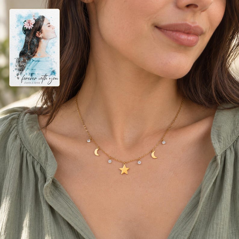 Moon and Star Necklace, worn by an adult. A sample personalized digital greeting card is shown alongside.