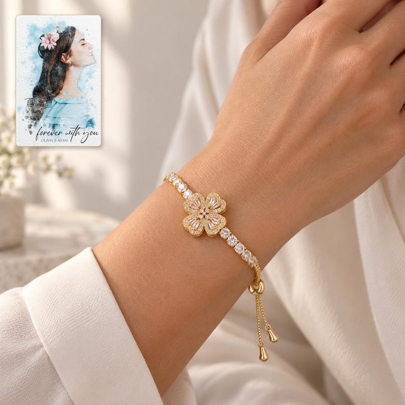 Golden Petal Slider Bracelet worn by an adult model for styling and everyday styling. A personalized digital greeting card is shown alongside.