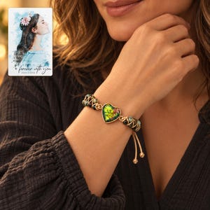 Verdant Heart Woven Bracelet worn by an adult in a polished evening lifestyle scene. A personalized digital greeting card is shown alongside.