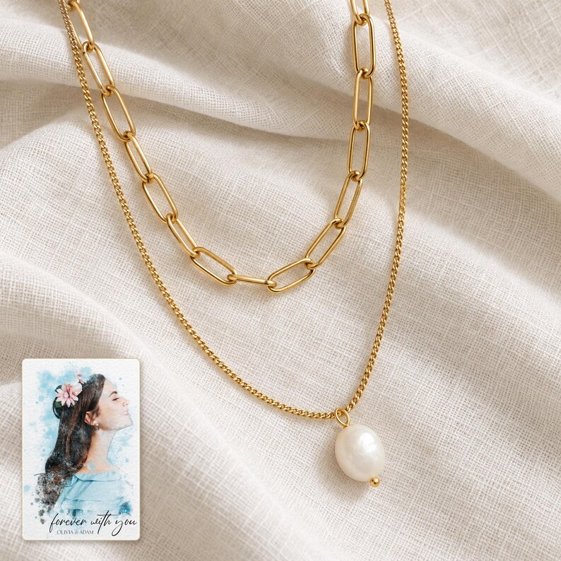 Kona pearl style Layers Necklace arranged on soft ivory linen in a refined neutral flat lay. A personalized digital greeting card is shown alongside.