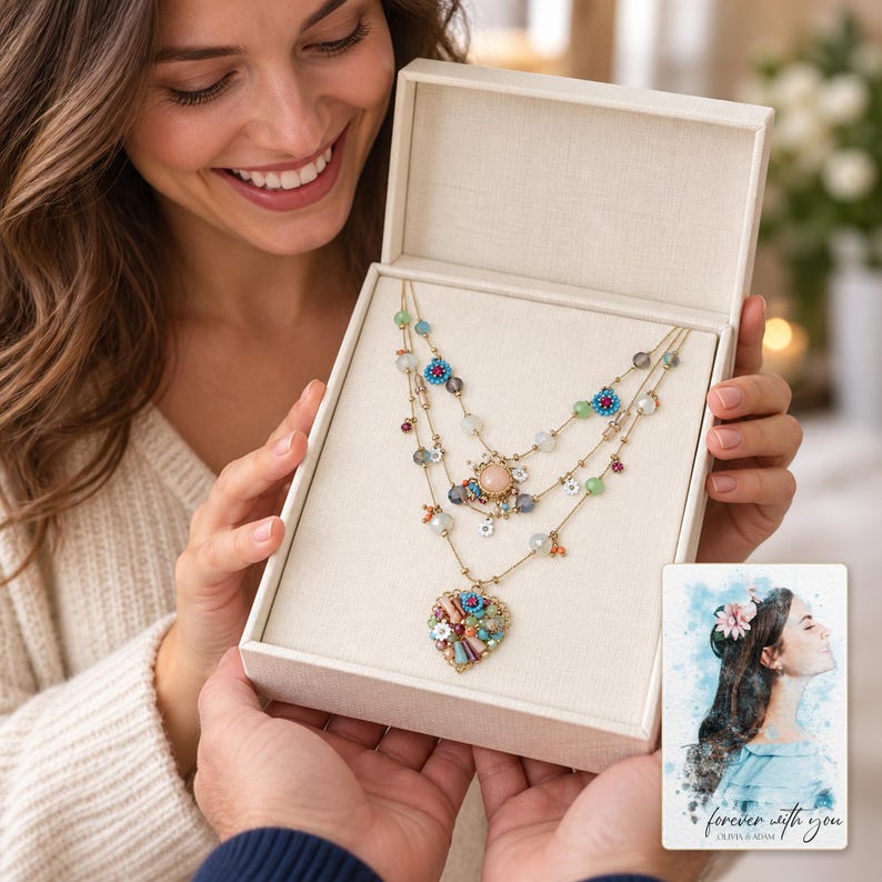 Bohemian Heart Cascade Necklace shown during a warm gift-receiving moment between adults with the jewelry visible. A personalized digital greeting card is shown alongside.