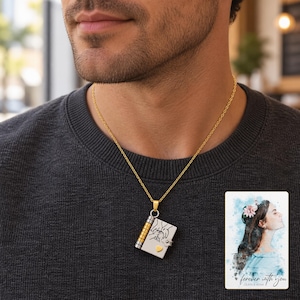 Opening Book Necklace, human lifestyle view. A personalized digital greeting card is shown alongside.