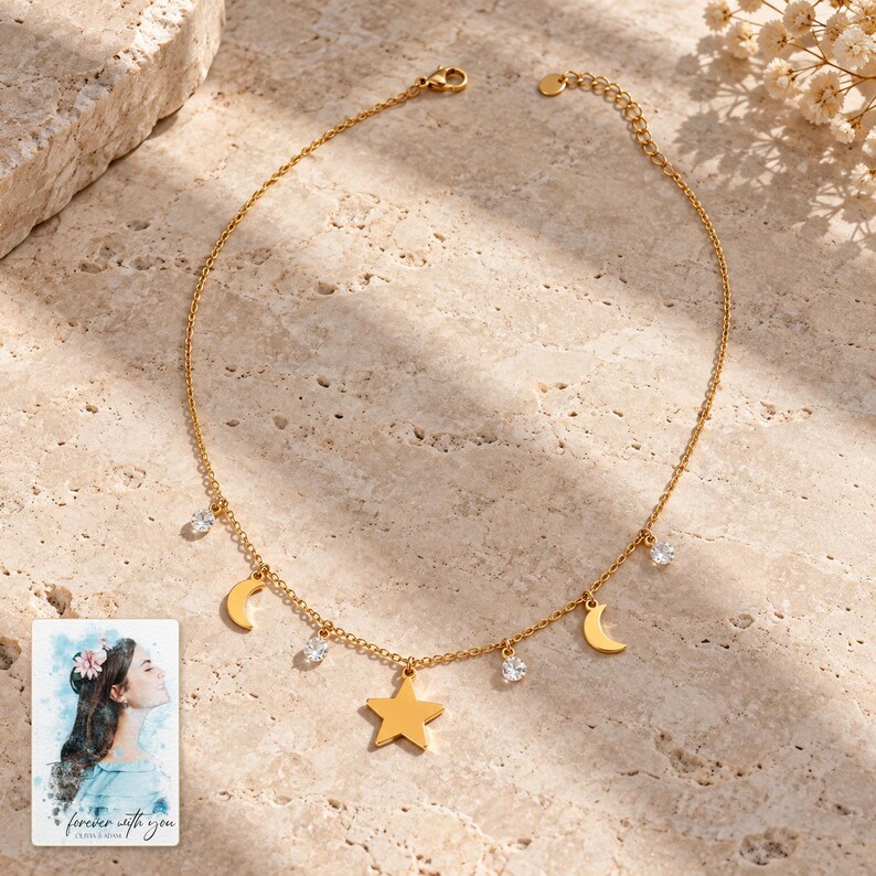 Moon and Star Necklace, shown in natural light. A sample personalized digital greeting card is shown alongside.