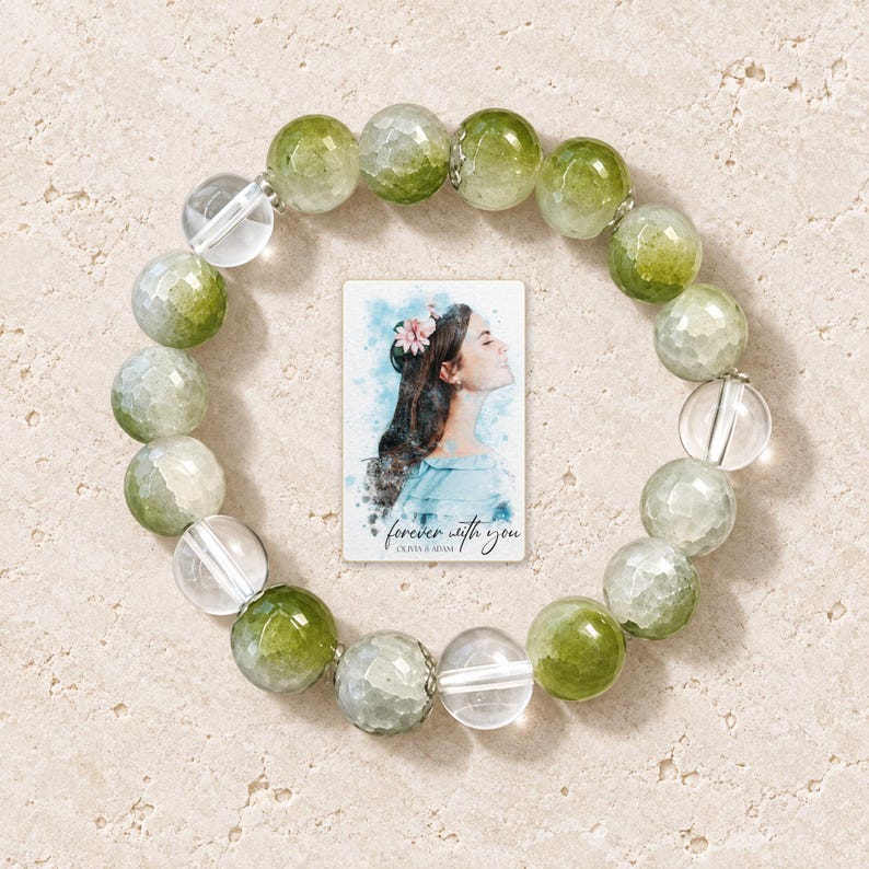 Forest Dew Bead Bracelet shown as the main Etsy hero photograph with a clear view of the complete design. A personalized digital greeting card is shown alongside.