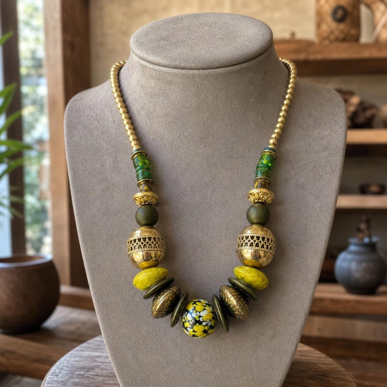 Brown and Gray Statement Beaded Necklace shown individually as a coordinating option for the mix and match necklace set